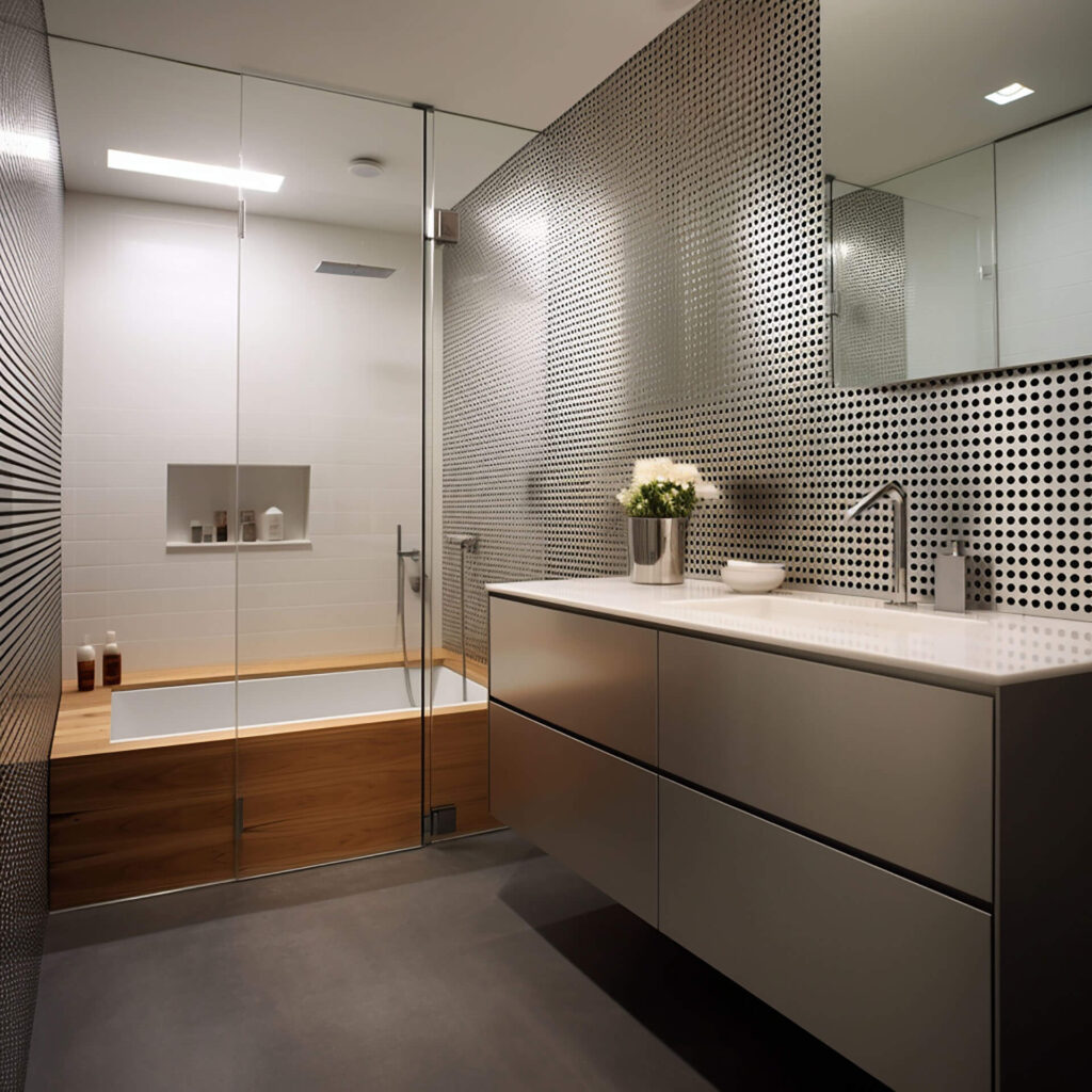 Baño revestido con panel metálico decorativo